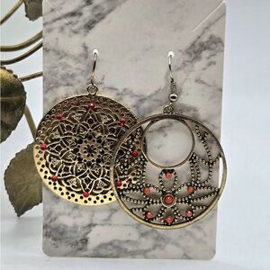 "5/$25" Mismatched Gold/ Red Madala Circle Disc Dangle Earrings